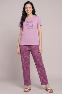 Zivame Mixed Fruit Buttersoft Knit Poly Pyjama Set - Red Violet — thumbnail 2